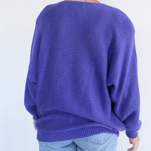 Vintage Franco Valeri Purple Knit Floral Abstract Shoulder Pad Scoop Sweater Xl - Picture 3 of 13